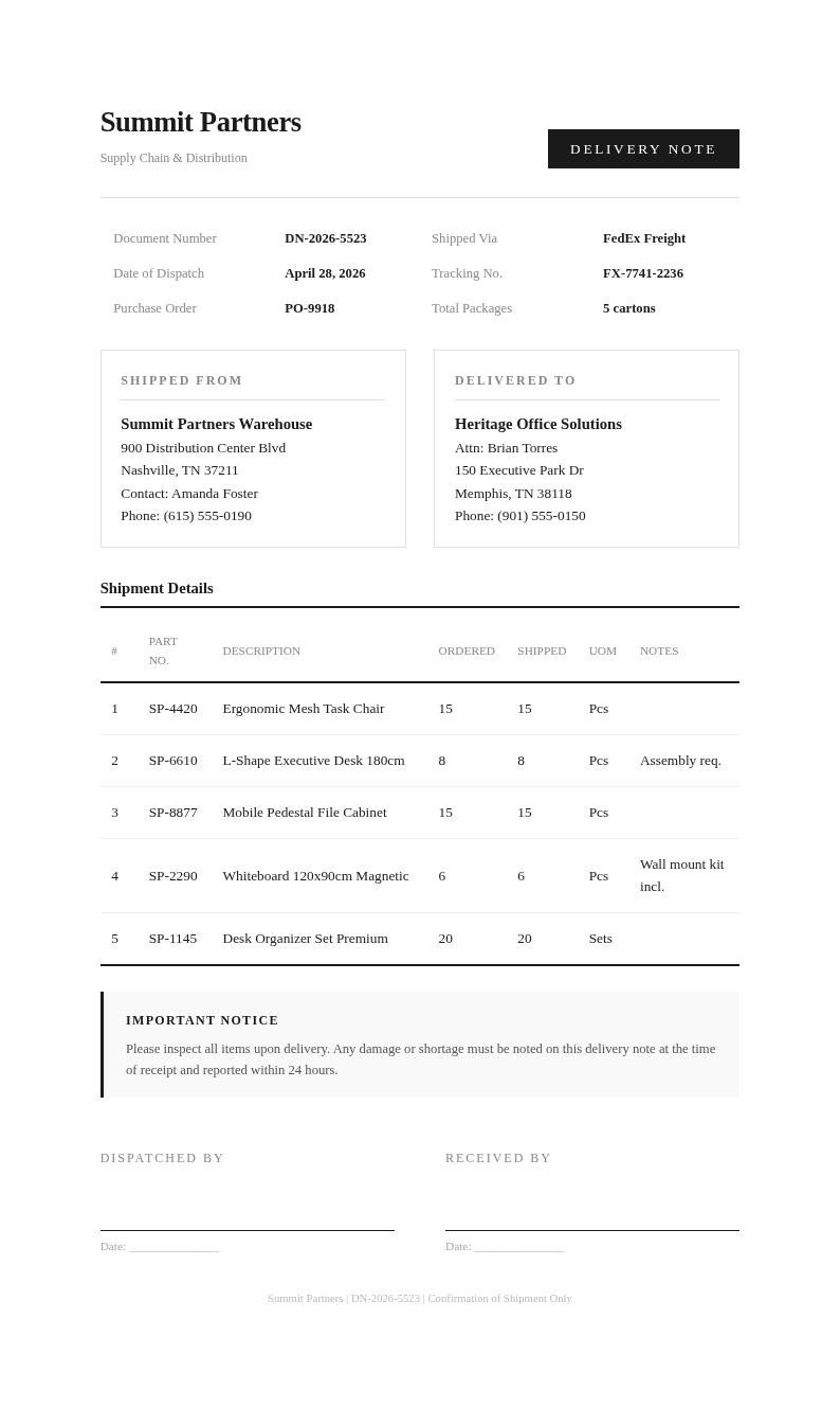 Executive delivery note with clean layout
